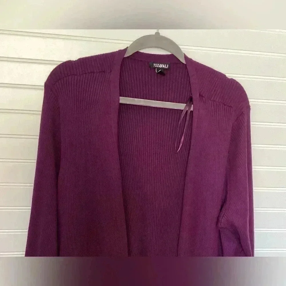 Roz&Ali Womens 3X Plum Purple Open Lon Sleeve Cardigan Ribbed knit Golden Button